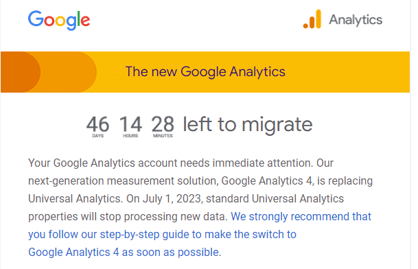 Your Google Analytics account needs immediate attention. Our next-generation measurement solution, Google Analytics 4, is replacing Universal Analytics. On July 1, 2023, standard Universal Analytics properties will stop processing new data.